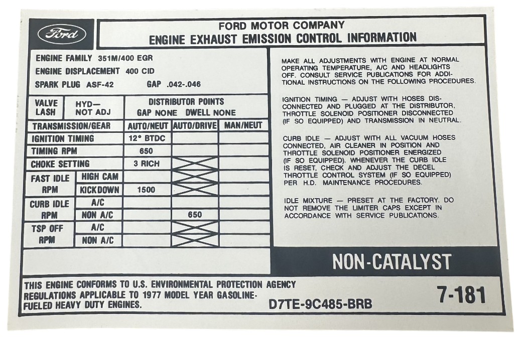 1977 Ford Fseries 400 Auto Trans Valve Cover Emission Decal