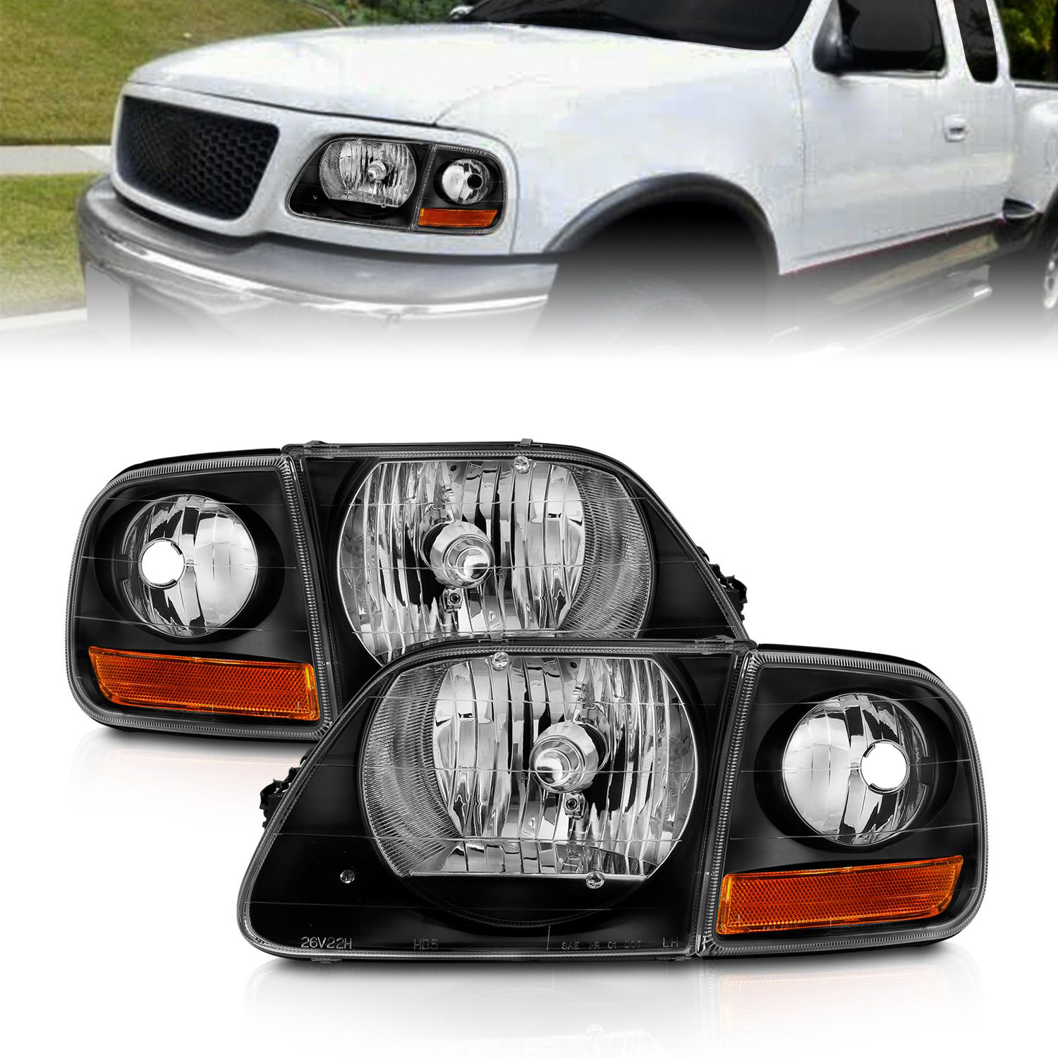 97-03 Chrystal Black Headlights w/ Parking Lights, PAIR-Broncograveyard.com